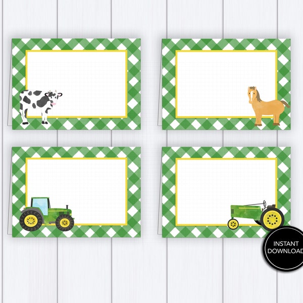 Tractor Tent cards printable: "FARM TENT CARDS" green tractor, barnyard, farm animal, food cards, boy farm, party supplies download