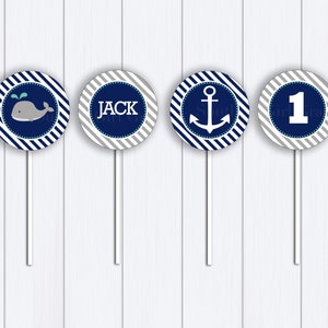 Whale Cupcake Toppers Printable: &quot;WHALE CUPCAKE TOPPER&quot; nautical cupcake toppers, anchor, whale cupcake, first birthday, navy, 2 in circles
