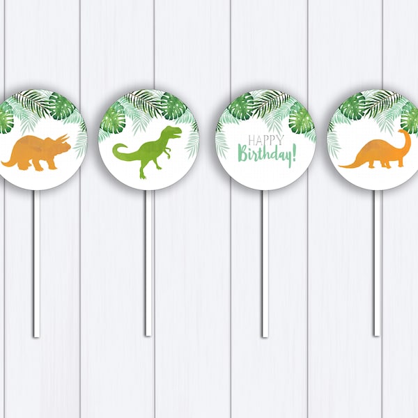 Dinosaur Cupcake Toppers: "DINO CUPCAKE TOPPER" leafy, young wild three, orange, green, teal, dinosaur party supplies, printable download