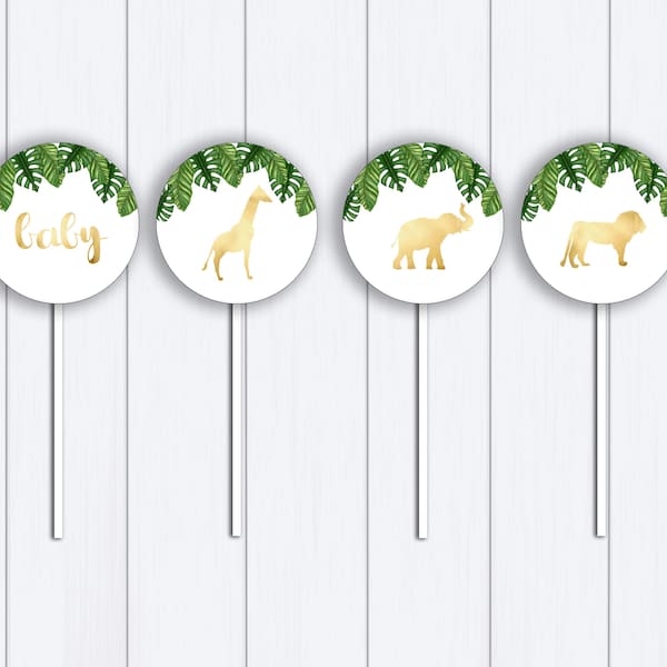 Safari Cupcake Toppers: "SAFARI CUPCAKE TOPPER" animal cupcake topper, gold, giraffe, lion, elephant, baby, cupcake, printable download