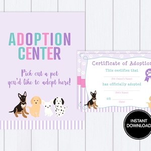 Adopt a Pet Certificate Party Digital File: &quot;PET ADOPTION CERTIFICATE&quot; let&#39;s pawty, dog party, pet birthday, party supplies, printable