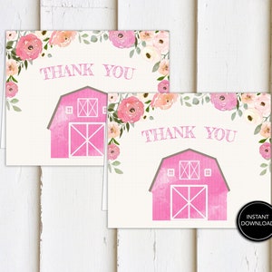 Pink farm thank you card printable: &quot;BARN THANK YOU&quot; farm birthday thank you card, floral watercolor, girl farm party, barnyard download
