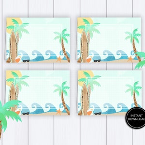 Surf Tent Cards Printable: "BEACHY FOOD CARDS" surfing party, food labels, surfboard, palm tree, waves, beach, download