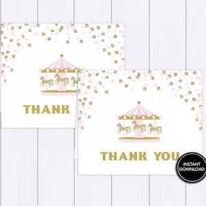 Pink Carousel Confetti Thank You Card Printable File: "PINK CAROUSEL" light pink, gold, glitter, confetti, carousel thank you card
