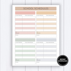 Student planner printables - class list, student organizer, school schedule, bell schedule, class chart, planner, password keeper, download