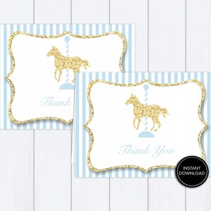 Blue Carousel horse thank you card printable: "BLUE CAROUSEL" blue striped gold glitter carousel horse thank you card digital download