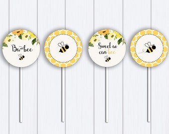 Watercolor Bee Cupcake Toppers: Floral Baby Shower (Digital Download)
