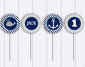 Nautical Whale Cupcake Toppers: First Birthday, Anchor (Digital Download)