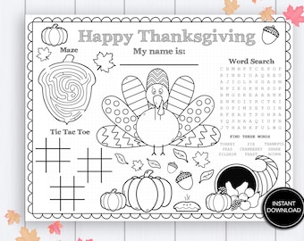 Kids Thanksgiving Placemat - &quot;COLORING PLACEMAT&quot; kids thanksgiving crafts, kids table, thanksgiving coloring, turkey, word search, maze