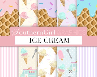 Ice Cream Digital Paper -  ice cream cone, waffle cone, ice cream truck, sprinkles, popsicle, summer, digital patterns for crafts