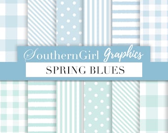 Blue Digital Paper: "SPRING BLUES" with light blue, white, striped, aqua blue, mint blue, dot designs for crafts