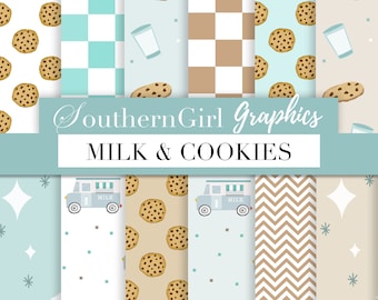 Milk & Cookies Digital paper - "CHOCOLATE CHIP COOKIES" milk and cookies, retro, cookie, milk, snacktime, patterns, for stickers, download
