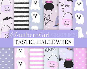 Pastel Halloween Digital Paper - "PINK HALLOWEEN" pink and purple, halloween patterns, girl halloween, trick or treat, ghost, cauldron