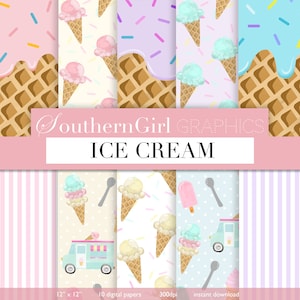 Ice Cream Digital Paper -  ice cream cone, waffle cone, ice cream truck, sprinkles, popsicle, summer, digital patterns for crafts