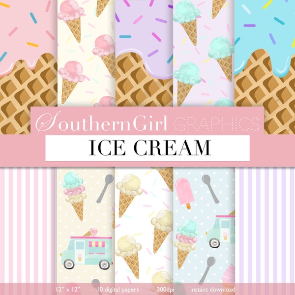 Ice Cream Digital Paper -  ice cream cone, waffle cone, ice cream truck, sprinkles, popsicle, summer, digital patterns for crafts