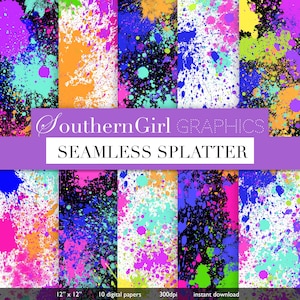 Paint splatter Digital Paper: "SEAMLESS PAINT SPLATTER" neon, paint splatter, paint splash, bright pink, blue, green, for crafts, cards