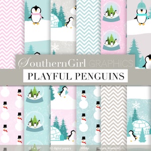 Penguin Digital paper download - "PENGUIN PATTERNS" winter, snowman, christmas trees, snowglobe, printable patterns for crafts