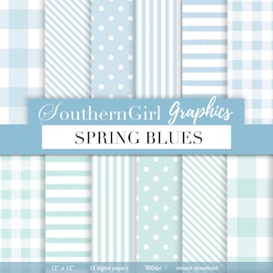 Blue Digital Paper: "SPRING BLUES" with light blue, white, striped, aqua blue, mint blue, dot designs for crafts