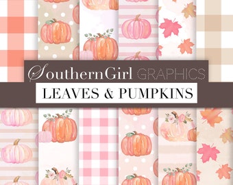 Watercolor Pumpkin Digital Paper – Fall Leaves, Pink Gingham (Digital Download)