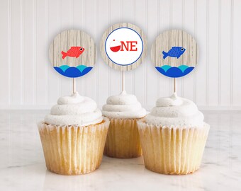 O-fishally One Cupcake Toppers: Fishing Birthday Decorations (Digital Download)