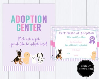 Adopt a Pet Certificate Party Digital File: "PET ADOPTION CERTIFICATE" let's pawty, dog party, pet birthday, party supplies, printable