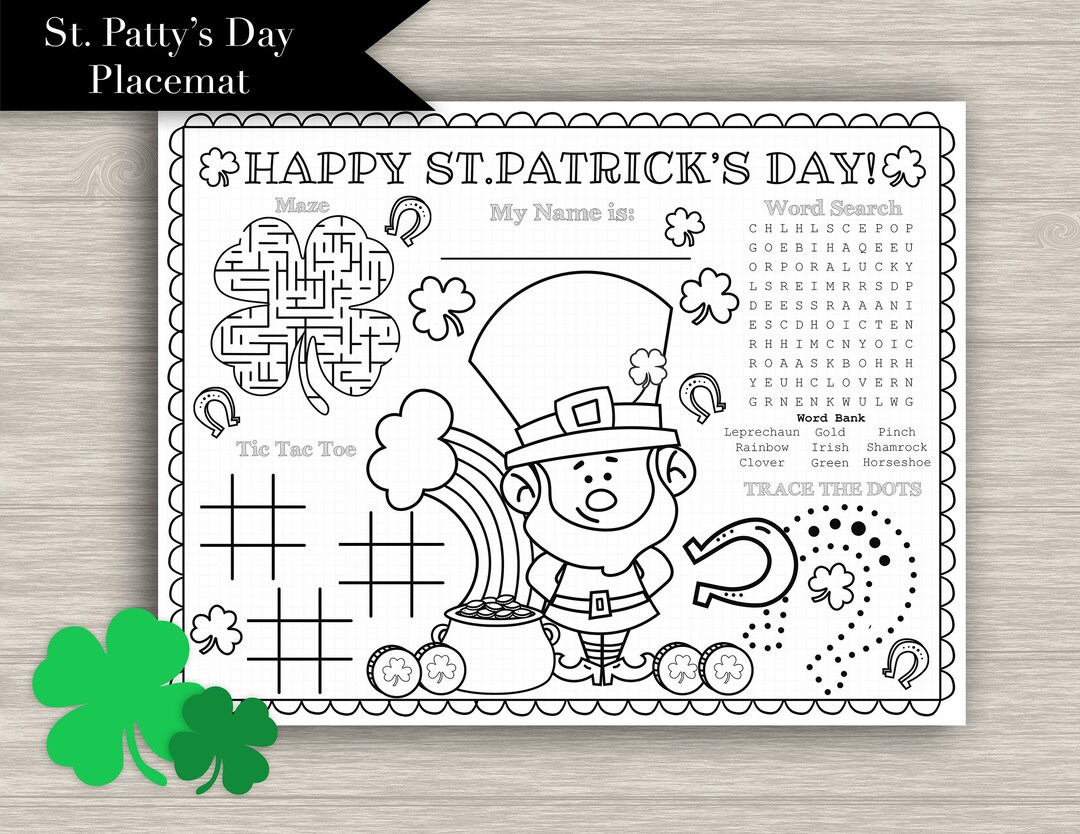 St. Patrick's Day Kids Coloring Placemat - "st. Patty's DAY Placemat ...