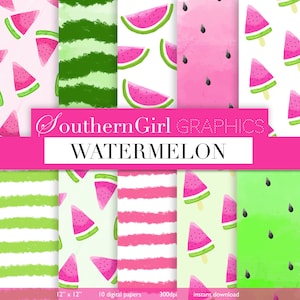 Watermelon digital paper: &quot;WATERMELON&quot; Hot pink watercolor, watermelon slices, seeds, bright, green, pink, striped textures for download