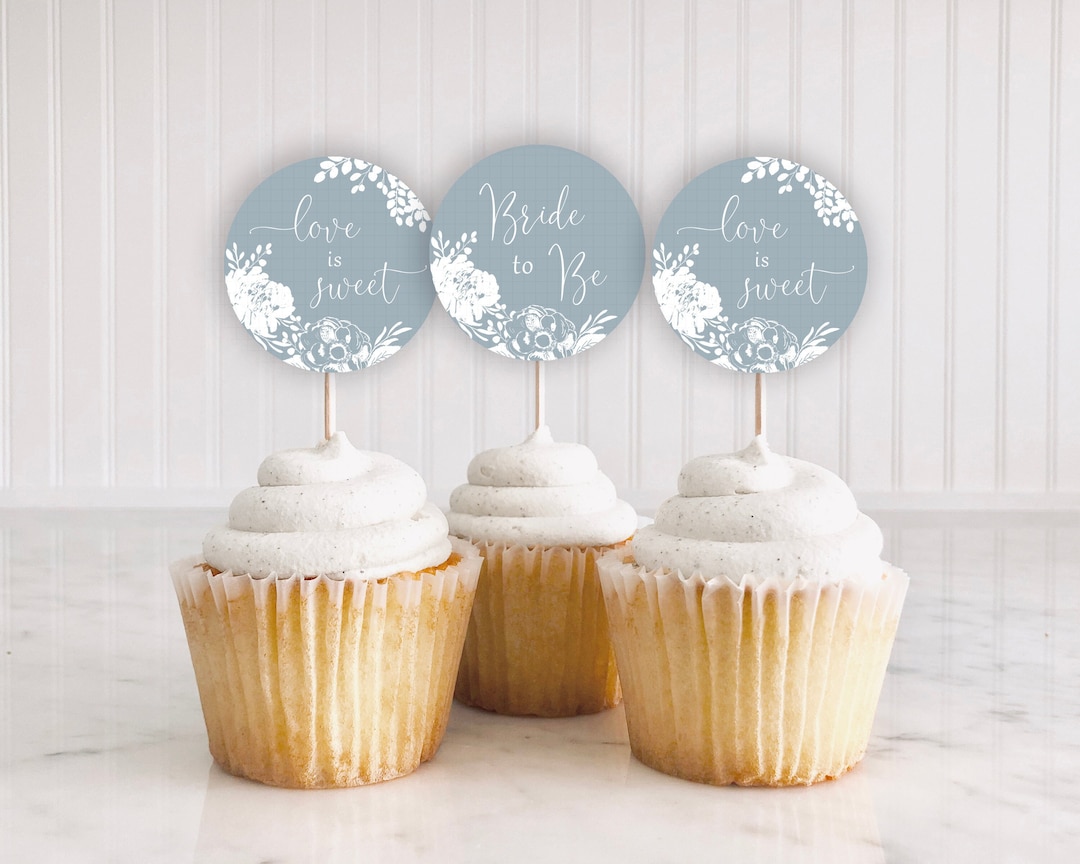 Blue Bridal Shower Cupcake Toppers: "blue CUPCAKE Topper" White Floral ...