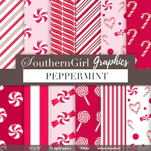Peppermint Digital Paper: "PEPPERMINT" peppermint stripe, Christmas candy, red and white Christmas, candy cane, Christmas patterns crafts