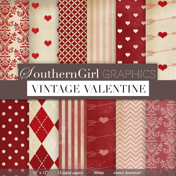 Vintage Valetine Digital paper: "VINTAGE VALENTINES" Valentine's day, heart, arrow, argyle, damask, grungy, old, love patterns for cards