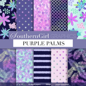 Tropical Digital Paper: &quot;PURPLE PALMS&quot; tropical floral digital paper, navy pink, purple, flower, watercolor patterns for crafts, stickers