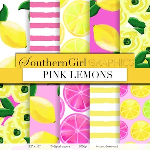 Pink Lemon digital paper: &quot;PINK LEMONS&quot; with watercolor lemon slices, blossoms, flower, roses, leaves, pink, stripe designs for crafts