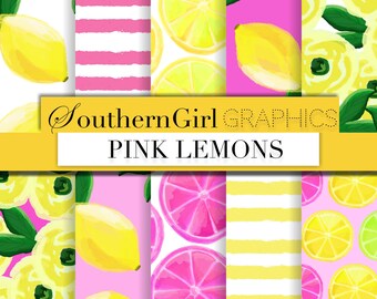 Pink Lemon digital paper: &quot;PINK LEMONS&quot; with watercolor lemon slices, blossoms, flower, roses, leaves, pink, stripe designs for crafts