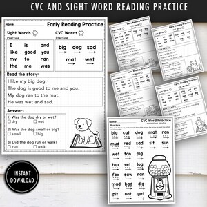 Może przedstawiać: Zbiór arkuszy edukacyjnych zatytułowanych CVC and Sight Word Reading Practice. Strony zawierają listy słów, krótkie opowiadania, pytania sprawdzające zrozumienie tekstu oraz czarno-białe ilustracje psa i automatu z gumami do żucia.