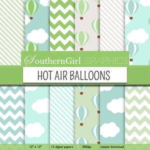 Hot Air Balloon Digital Papers - blue, teal, aqua, green, taupe, white, hot air balloon, striped, chevron, boy, digital papers