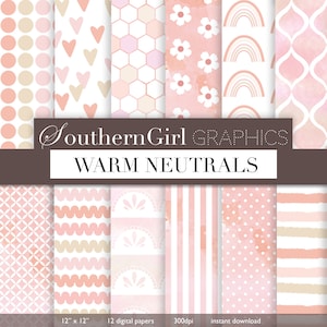 Earthy Digital Papers "WARM NEUTRALS"- soft pink, retro, rainbow, watercolor, heart, flower, honeycomb, moroccan, patterns