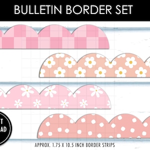 Op de afbeelding: Een set schoolbordranden met een geschulpte rand. De randen hebben verschillende patronen, waaronder roze ruitjes, witte madeliefjes op perzik, witte madeliefjes op roze en roze stippen. De tekst "BULLETIN BORDER SET" en "INSTANT DOWNLOAD" zijn ook zichtbaar.