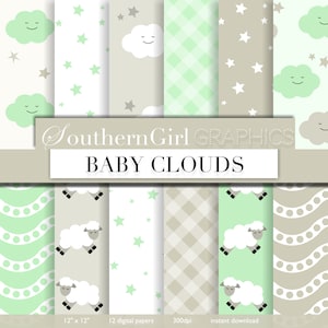 Könnte beinhalten: Ein Set mit 12 digitalen Papieren mit einem Baby-Wolken-Thema. Die Papiere enthalten verschiedene Muster mit Wolken, Sternen, Schafen und Punkten in Grün-, Weiß- und Grautönen. Die Papiere sind 30,5 cm x 30,5 cm groß und haben eine Auflösung von 300 dpi.