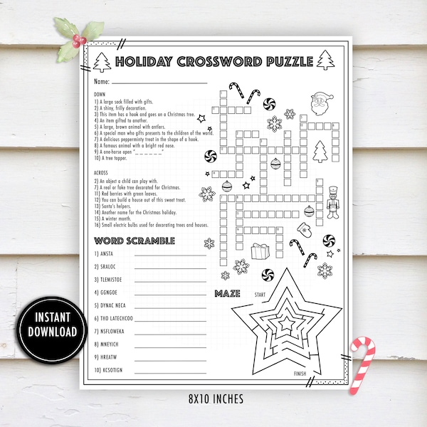 Christmas Crossword Activity Puzzle- "CHRISTMAS WORKSHEETS" winter worksheets, holiday, crossword, maze, word scramble