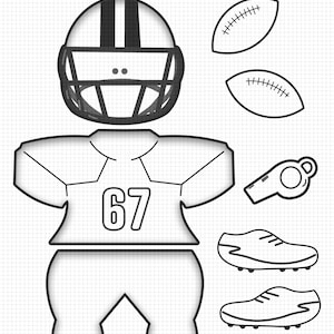 May include: A black and white football disguise dress-up kit. The kit includes a football helmet, jersey with the number 67, footballs, a whistle, and football cleats. The items are outlined on a grid background.