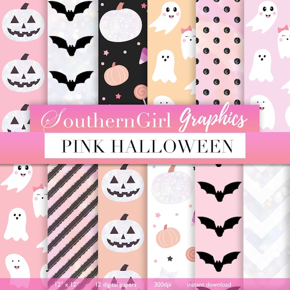 Pink Halloween Digital Paper Pack – Iridescent Pumpkins, Bats (Digital Download)