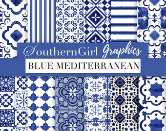 Puede incluir: Una colección de doce papeles digitales con patrones en azul y blanco, incluyendo formas geométricas, motivos florales y rayas. La imagen muestra el texto SouthernGirl Graphics y BLUE MEDITERRANEAN, con dimensiones de 30,48 cm x 30,48 cm indicadas.