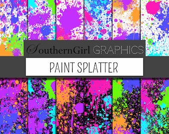 Neon Paint Splatter Digital Paper | 90s Retro Background | Glow