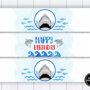 Shark Water Bottle Wraps Printable: shark birthday, shark, water bottle labels, shark pool party, shark party ideas, shark favor, download