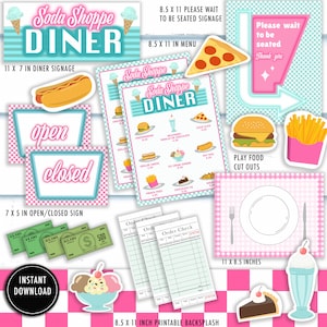 Puede incluir: Conjunto imprimible de 11 decoraciones para fiestas con temática de restaurante, que incluye un letrero de restaurante, un menú, un letrero de abierto/cerrado, recortes de comida para jugar y un salpicadero. Las decoraciones son de estilo retro con colores rosa y azul.