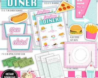Puede incluir: Conjunto imprimible de 11 decoraciones para fiestas con temática de restaurante, que incluye un letrero de restaurante, un menú, un letrero de abierto/cerrado, recortes de comida para jugar y un salpicadero. Las decoraciones son de estilo retro con colores rosa y azul.
