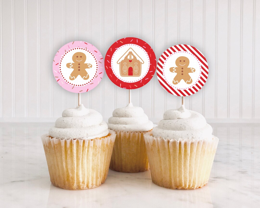 Pink Red Gingerbread Cupcake Toppers Printable: 