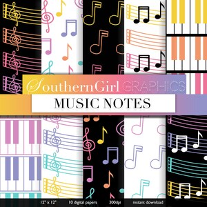 Music digital paper - "MUSIC NOTES"  with bright neon music notes, piano, black, white, rainbow digital patterns for crafts, stickers