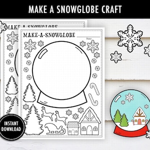 Puede incluir: Hojas imprimibles en blanco y negro para manualidades de bolas de nieve con el texto "MAKE A SNOWGLOBE CRAFT" en la parte superior. Las hojas presentan un gran contorno de bola de nieve, copos de nieve, árboles y otros elementos temáticos de vacaciones. Un círculo negro con las palabras "INSTANT DOWNLOAD" está en la parte inferior izquierda.