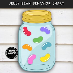 May include: A clear glass jar with a yellow lid filled with colourful jelly beans. The jar is sitting on a white wooden surface. The text "JELLY BEAN BEHAVIOR CHART" is at the top of the image.